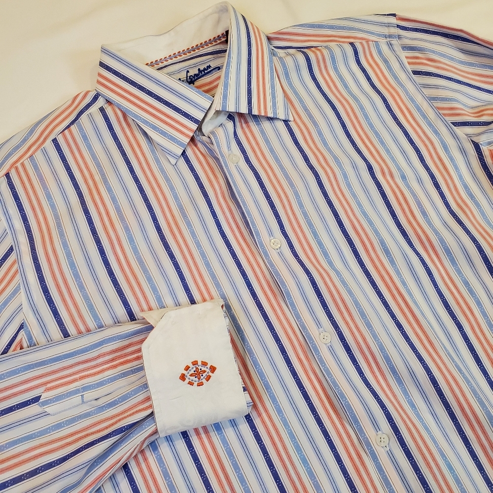 Robert Graham Long Sleeve Button‎ Front Blue Pink Striped Shirt Size L 42 16-1/2